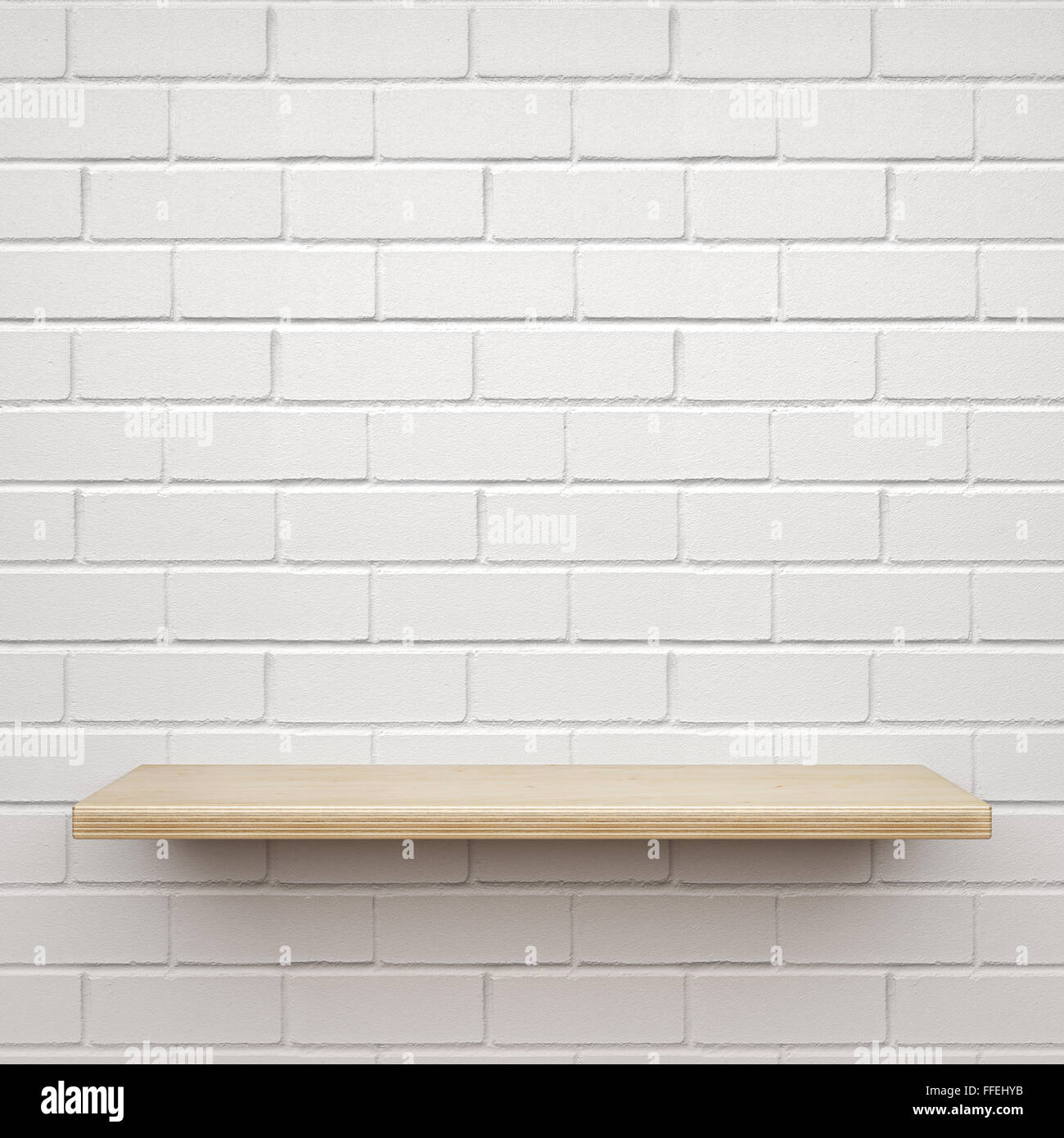 Empty wooden shelf on white brick wall Stock Photo Alamy