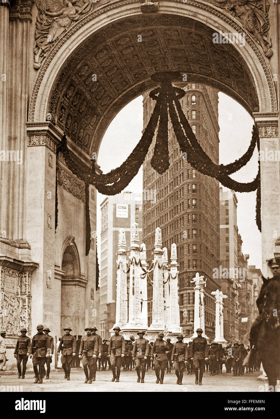 Col. Donovan and staff of 165th Infantry, passing under the Victory Arch, N.Y.C. 1919. Photograph by Paul Thompson Stock Photo