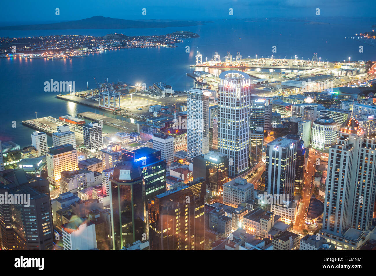 Night time view from Sky Tower of Auckland City,Port,Harbour and Rangitoto volcano Island,New Zealand Stock Photo