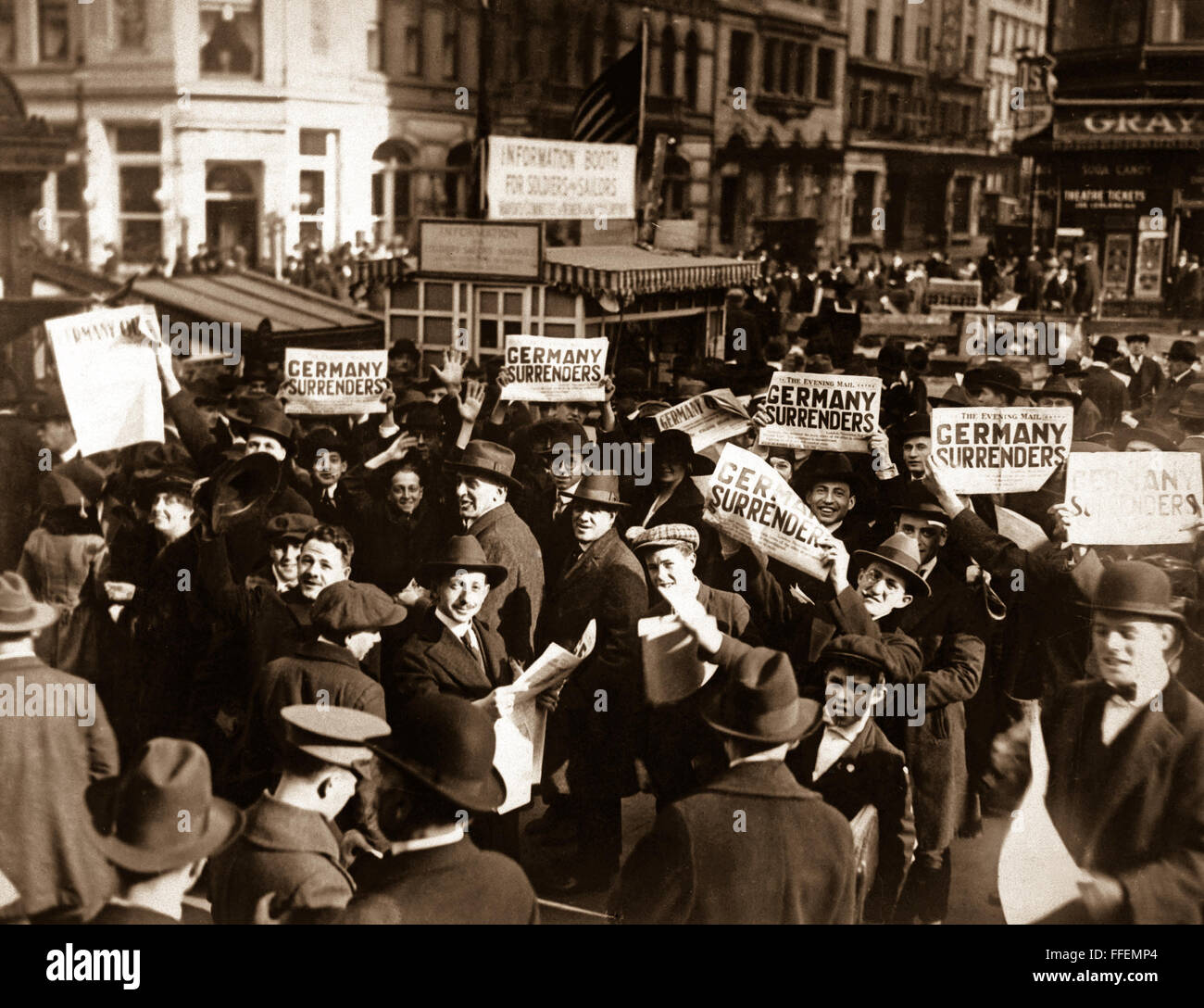 Peace rumor, New York.  Crowd at Times Square holding up Extras telling about the signing of the Armistice.  The Government report that the news was not true did not stop the celebration.  November 7, 1918.  Photograph by The Western Newspaper Union    This archival print is available in the following sizes:    8' x 10'   $15.95 w/ FREE SHIPPING  11' x 14' $23.95 w/ FREE SHIPPING  16' x 20' $59.95 w/ FREE SHIPPING  20' x 24' $99.95 w/ FREE SHIPPING    * The American Photoarchive watermark will not appear on your print. Stock Photo