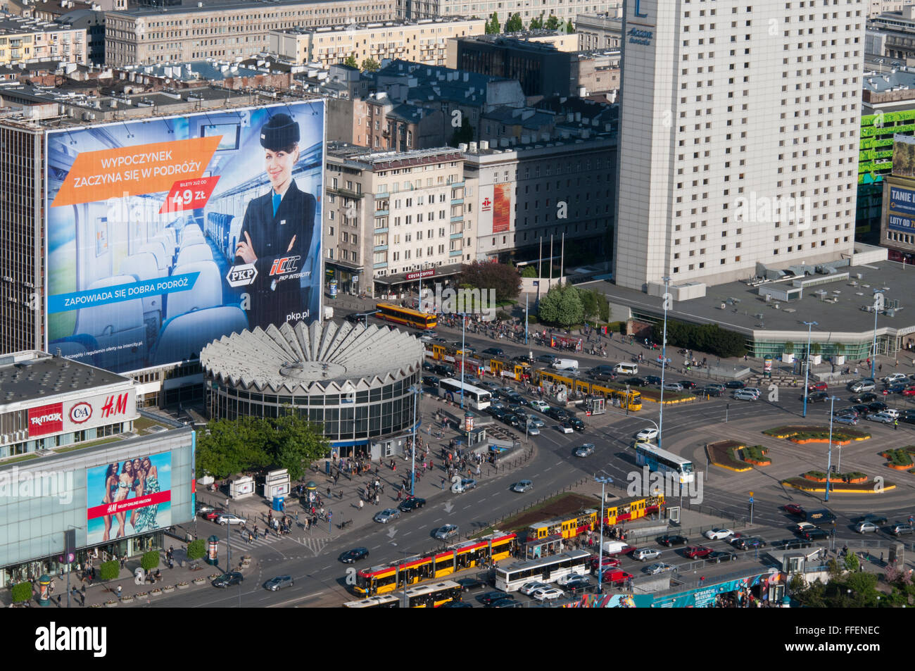 View of central Warsaw with Rotunda and Rondo Romana Dmowskiego roundabout, taken from Palace of Culture and Science Stock Photo