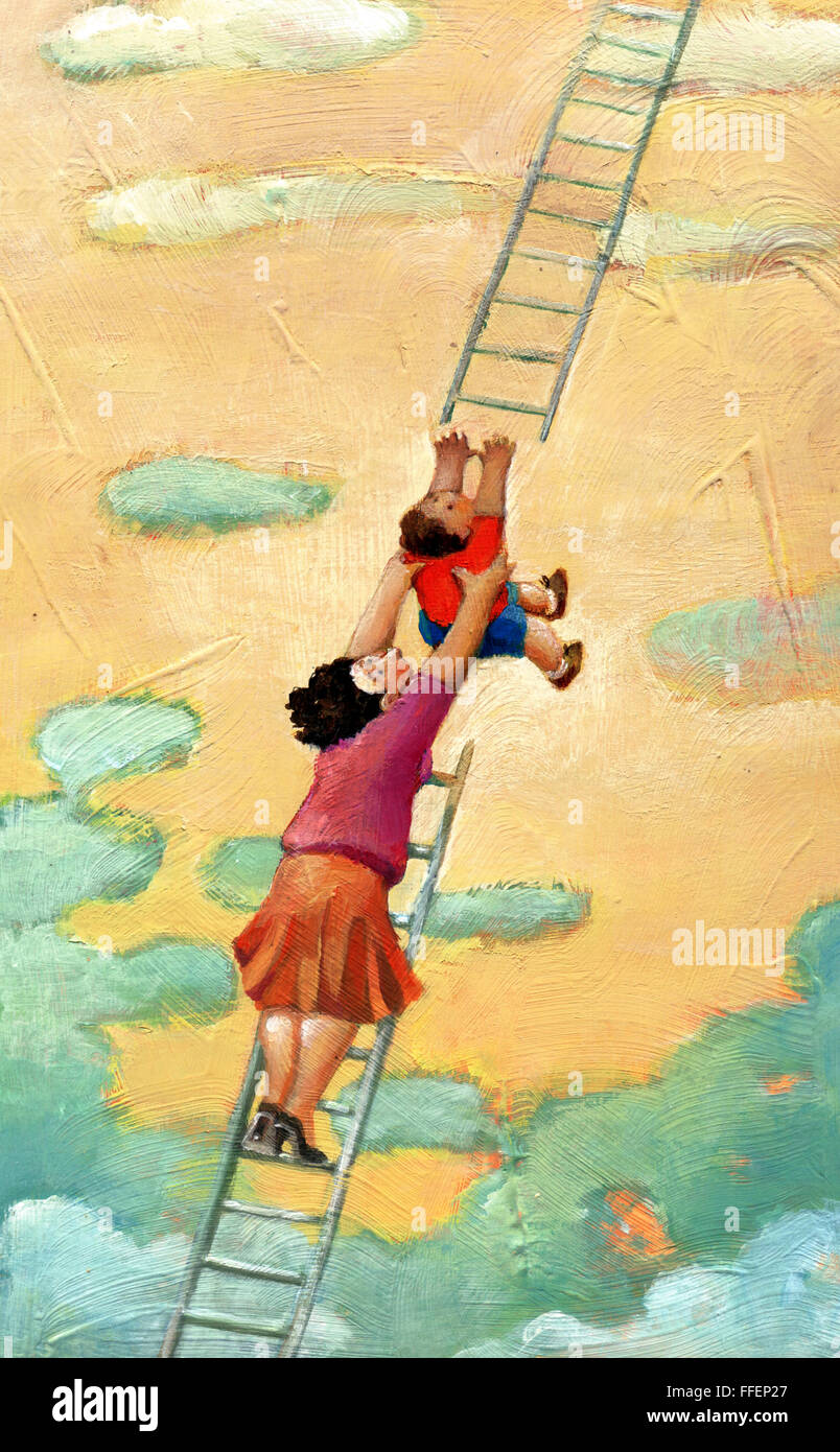 a mother raises her son to a staircase that descends from the sky Stock Photo