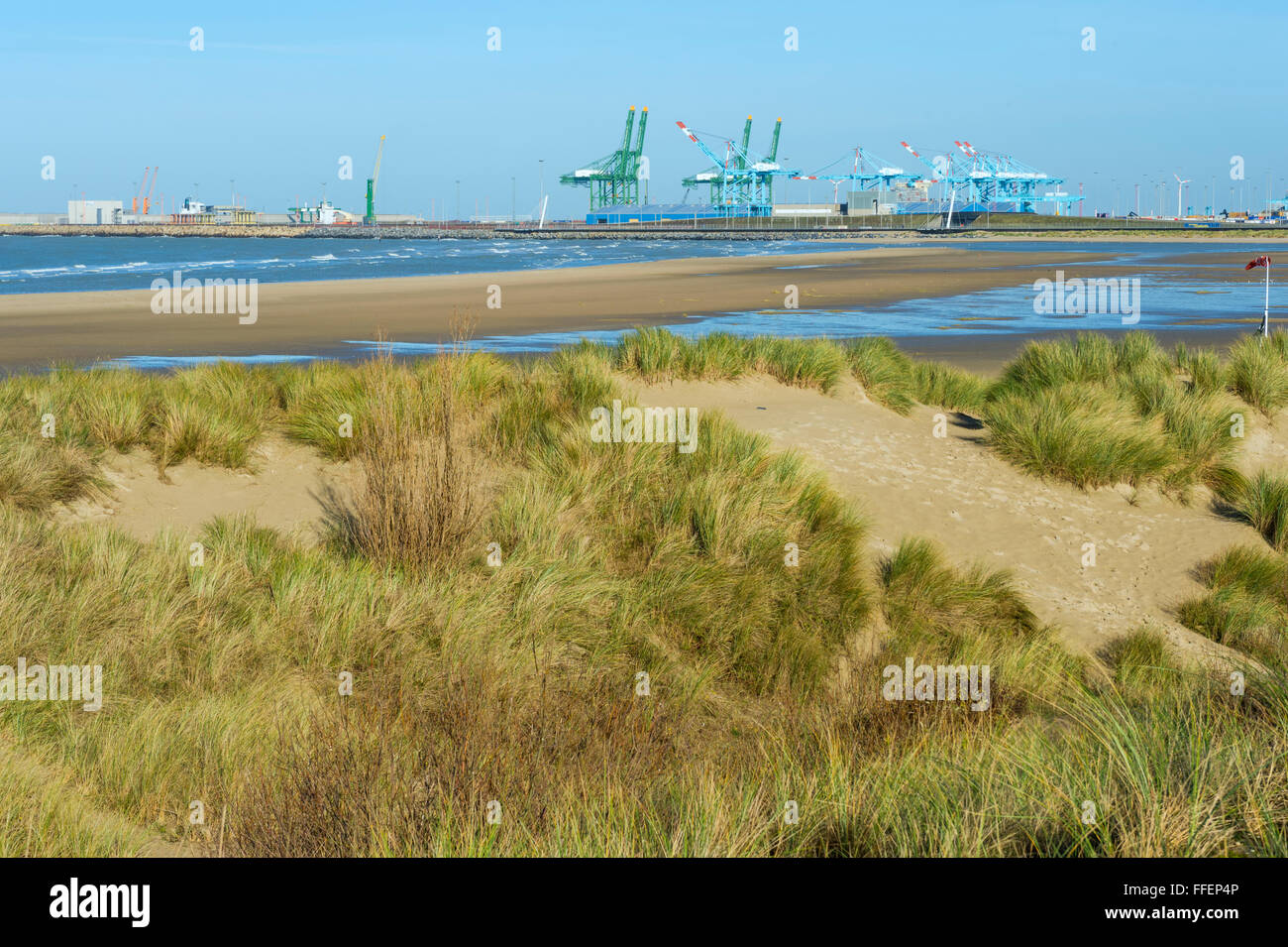 Dunes and Zeebrugge harbor behind, Belgium Stock Photo