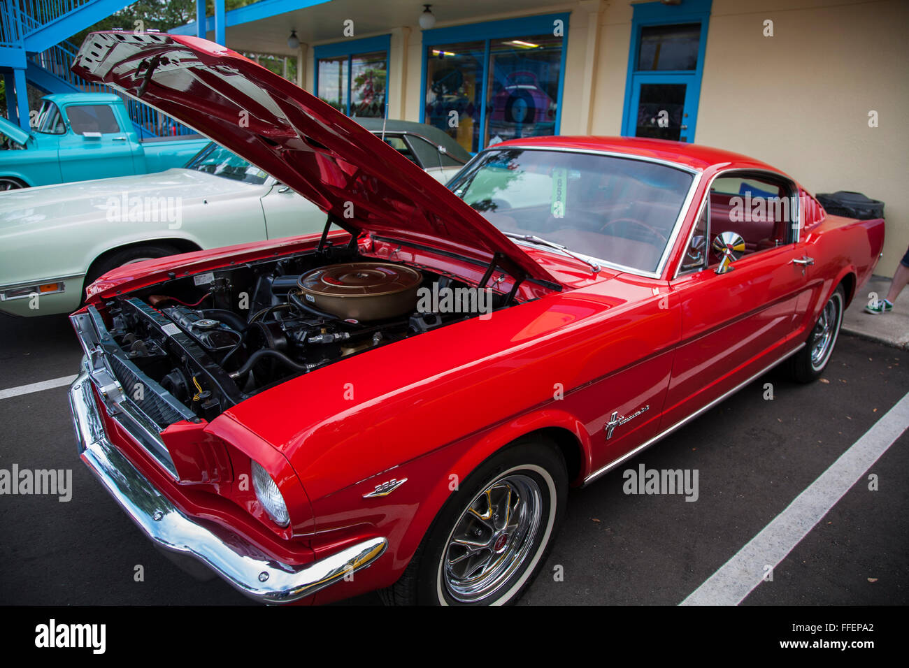 Red Ford Mustang at Kissimmee Old Town weekly car cruise, Kissimmee Florida USA Stock Photo