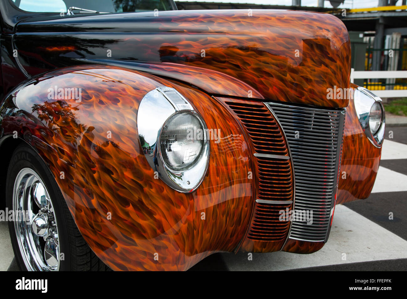 Classic car with flame paintwork detail at Kissimmee Old Town weekly car cruise, Kissimmee Florida USA Stock Photo