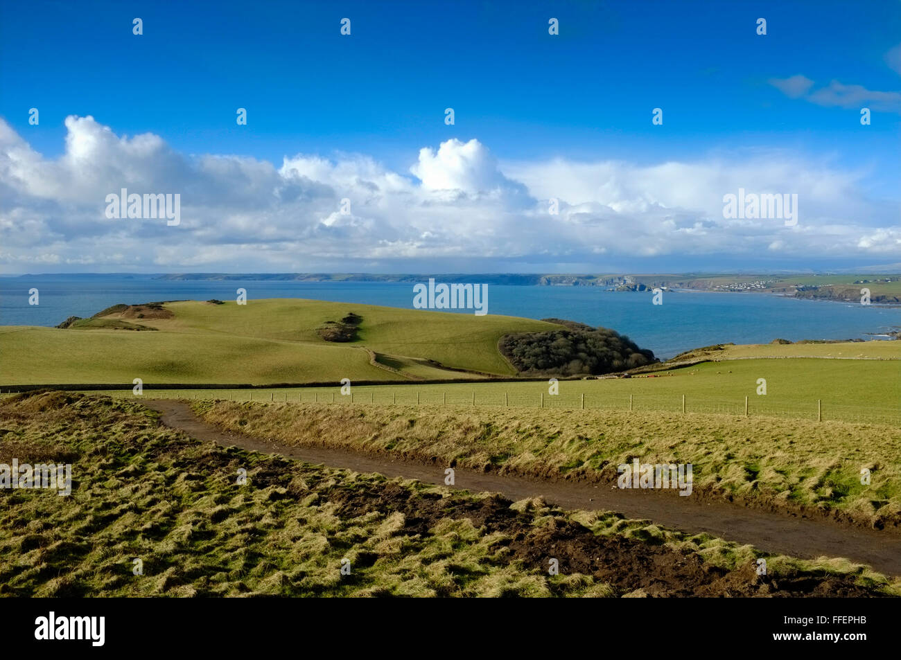 Looking down to Bolt Tail with Burgh Island and Bigbury on Sea in the distance. Near Hope Cove, South Hams. Devon. UK Stock Photo