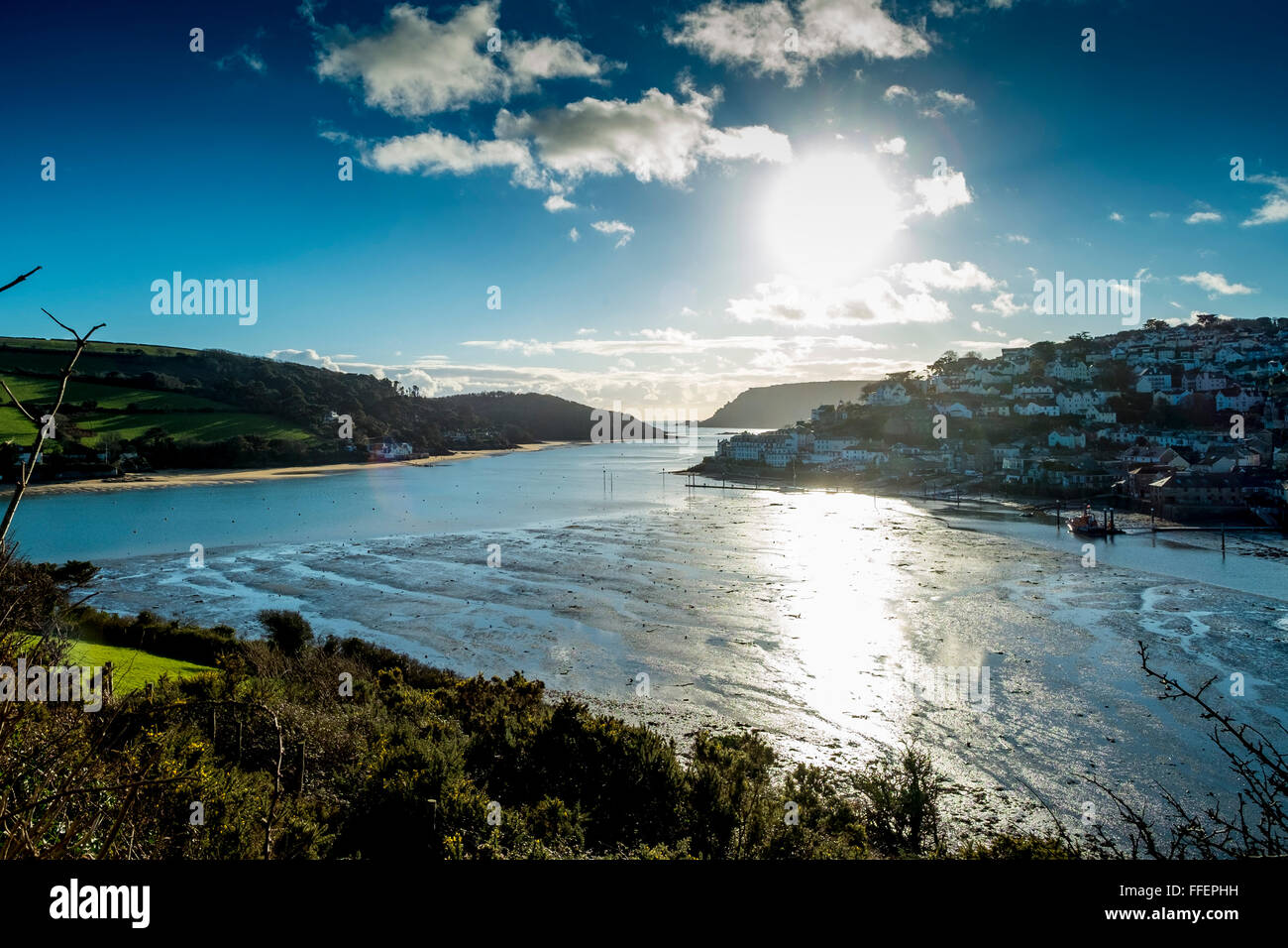 Looking towards the sea at low tide from Snapes Point, Salcombe. Devon. UK Stock Photo