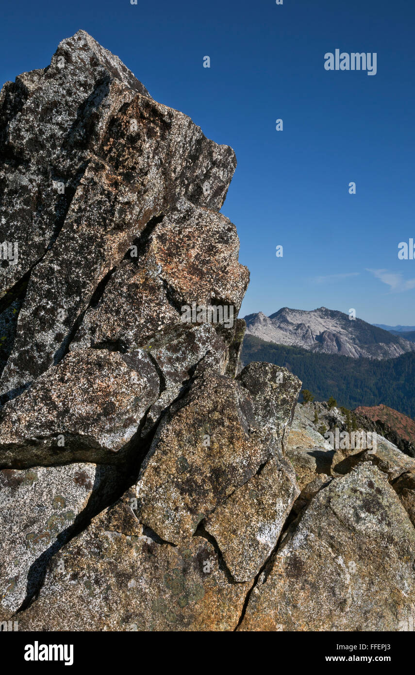 CALIFORNIA - Lichen colored rocks at summit of Siligo Peak with Gibson ...