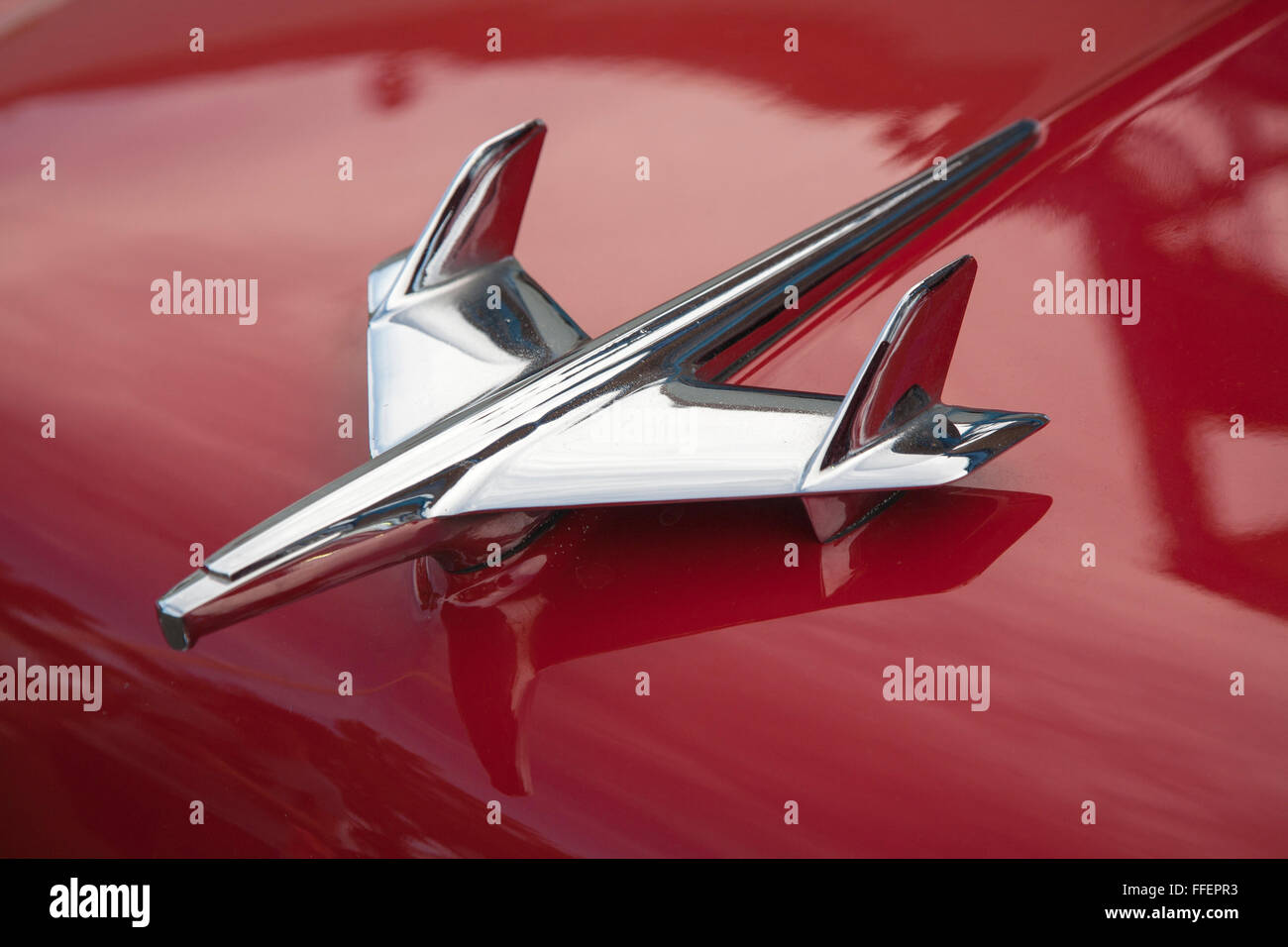 1955 Chevrolet hood ornament on car at Kissimmee Old Town weekly car cruise, Kissimmee Florida USA Stock Photo