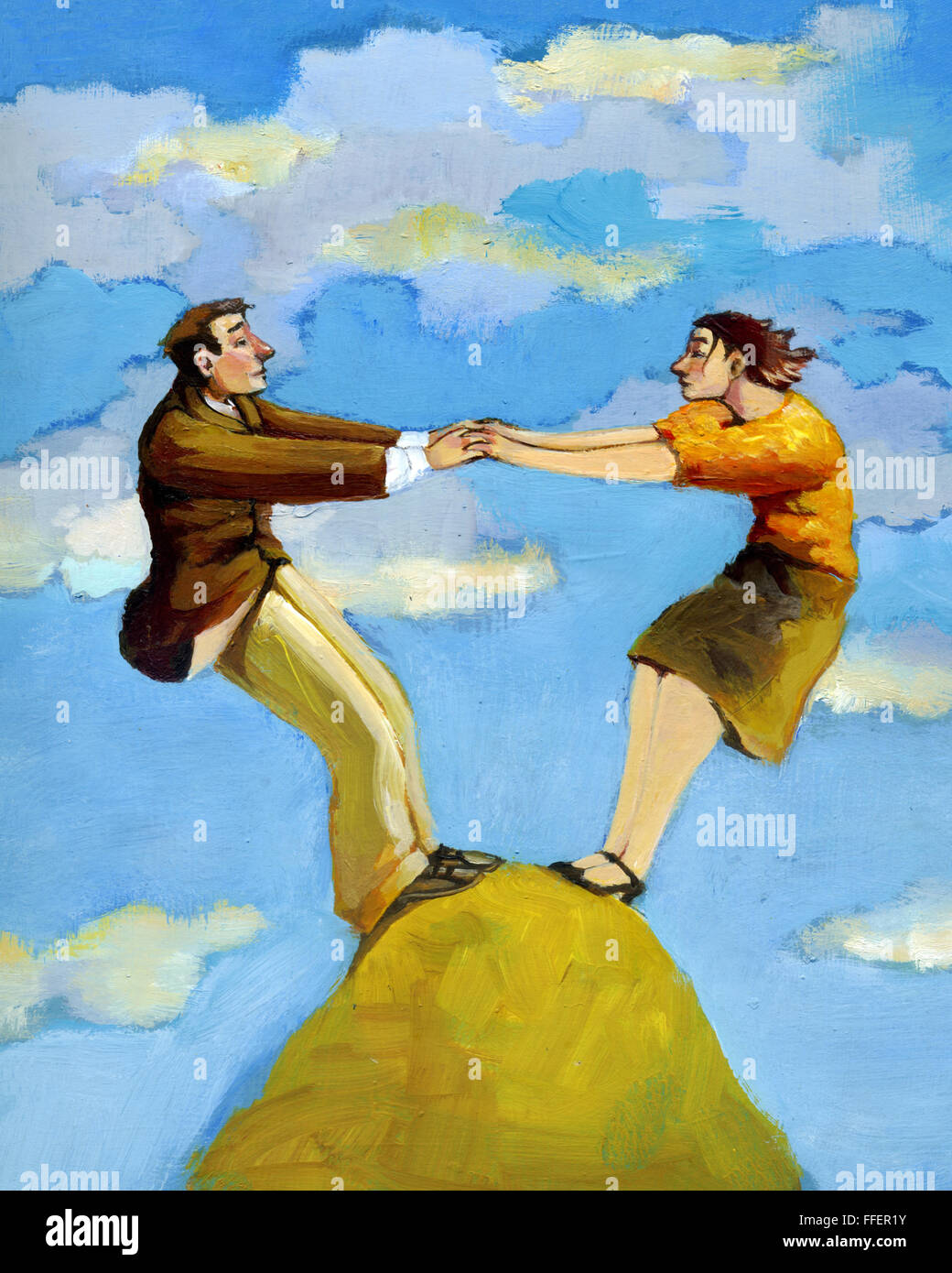 a man and a woman is able to stand on top of a mountain only if they collaborate Stock Photo