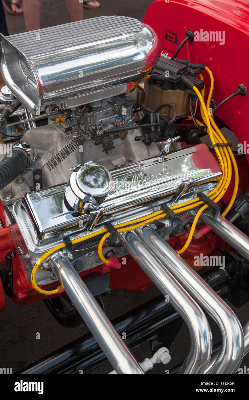 Edelbrock manifold on car at Kissimmee Old Town weekly car cruise, Kissimmee Florida USA Stock Photo