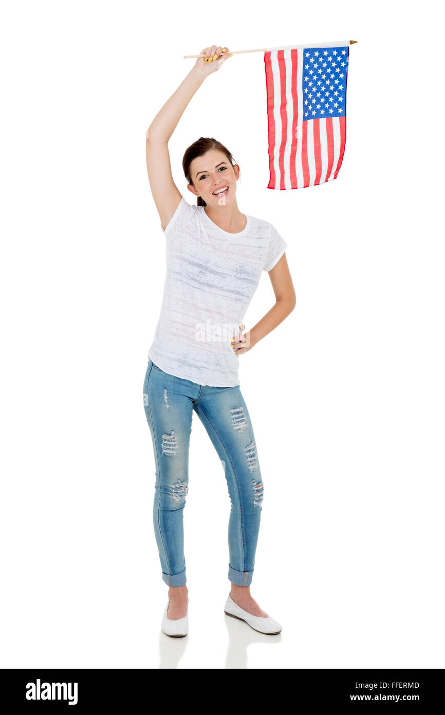 happy girl holding American flag isolated on white background Stock ...