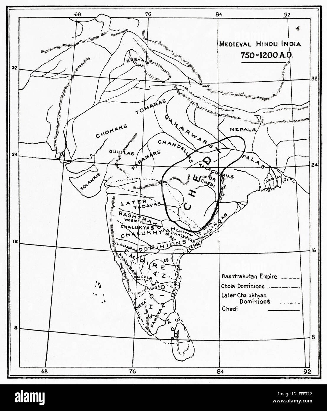 Map of medieval Hindu India, 750 - 1200 AD. Stock Photo