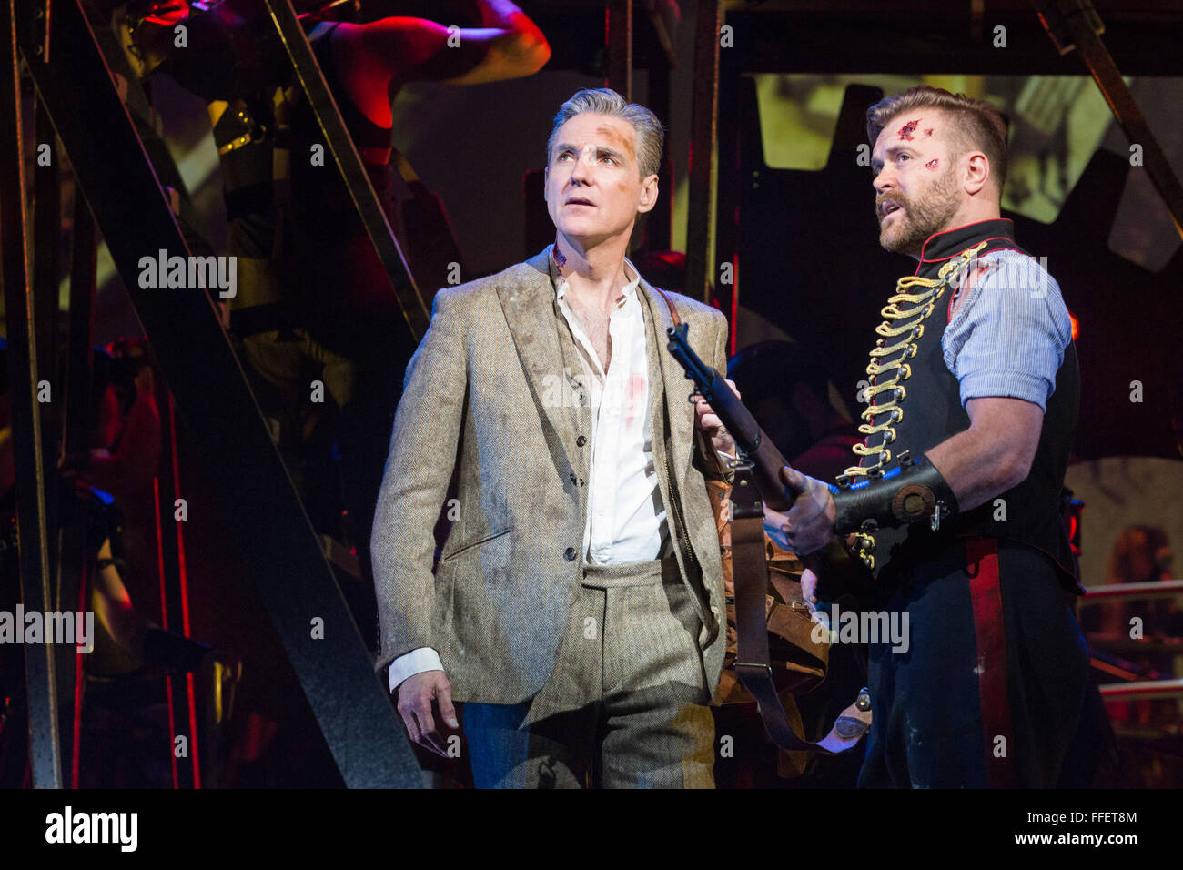 London, UK. 12 February 2016. Michael Praed and Daniel Bedingfield. Bill Kenwright and Jeff Wayne present Jeff Wayne's Musical Version of The War of the Worlds based on the classic science fiction story by HG Wells at the Dominion Theatre. Performances run from 9 February 2016. With David Essex as The Voice of Humanity, Jimmy Nail as Parson Nathaniel, Daniel Bedingfield as The Artilleryman, Michael Praed as the Journalist George Herbert, Heidi Range, Madalena Alberto as Carrie with Liam Neeson as The Journalist on screen. Credit:  Vibrant Pictures/Alamy Live News Stock Photo