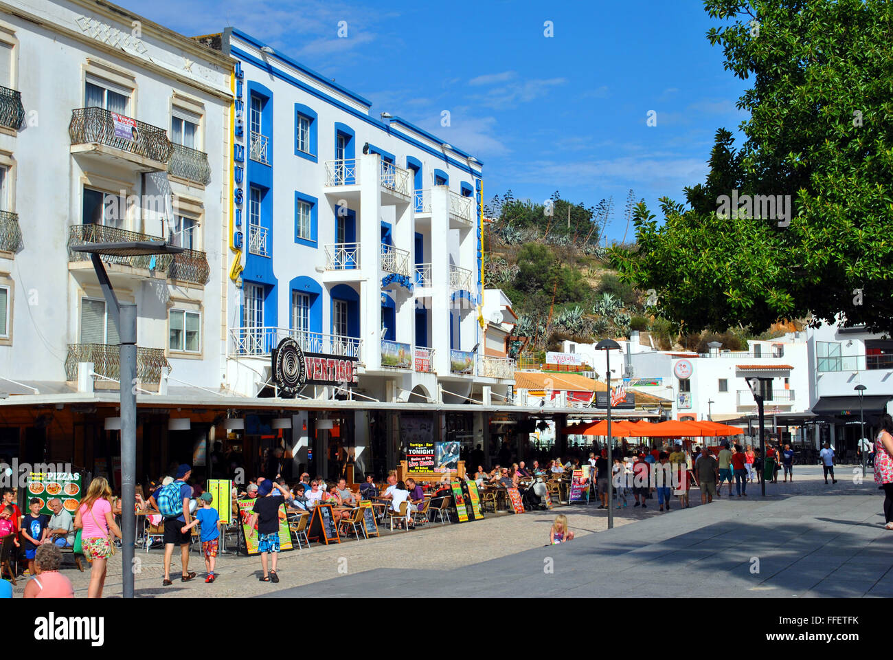 Tourists eating and drinking in restaurants in the old town of Albufeira,  Port Stock Photo - Alamy