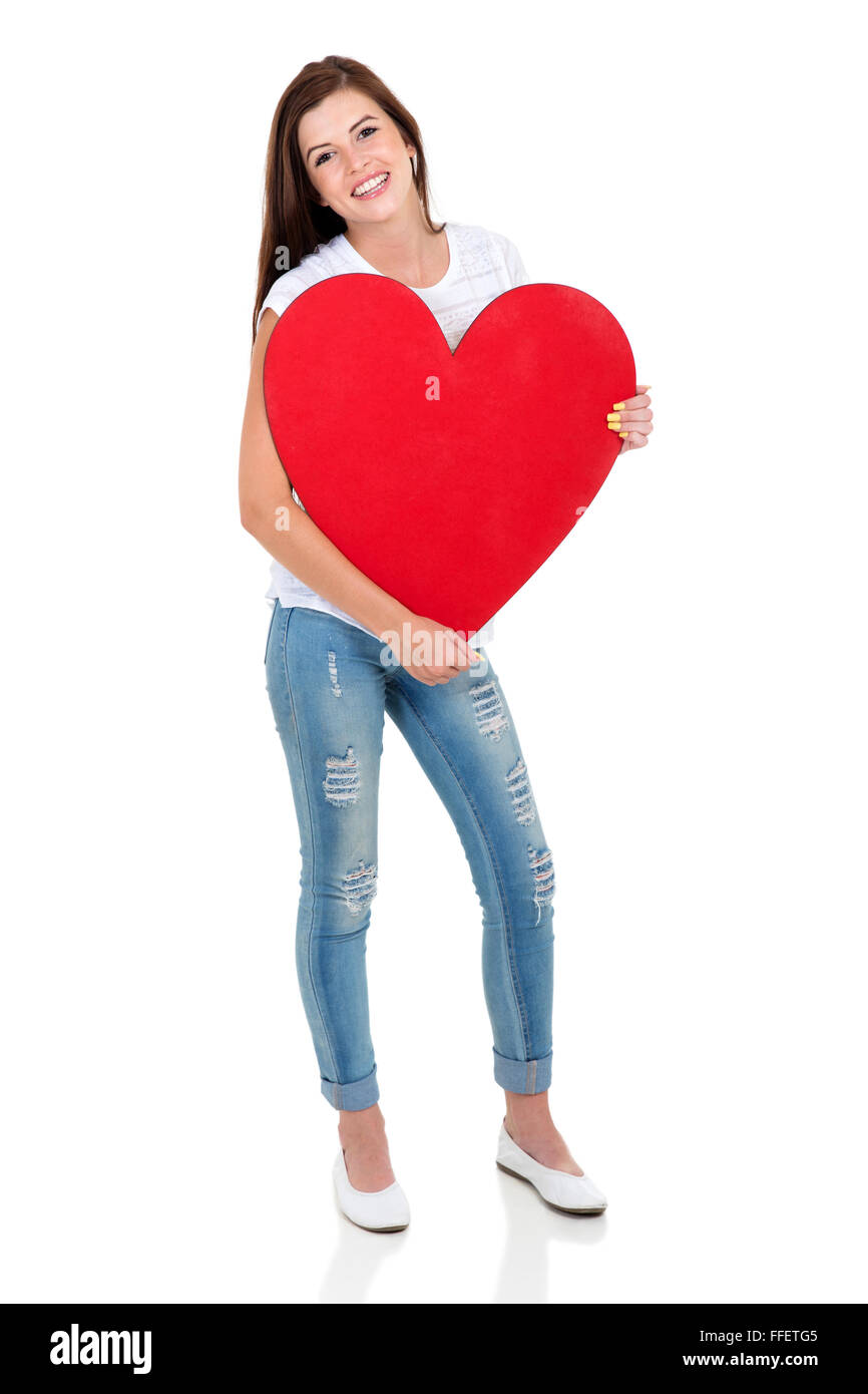 happy young woman holding big red heart shape Stock Photo - Alamy