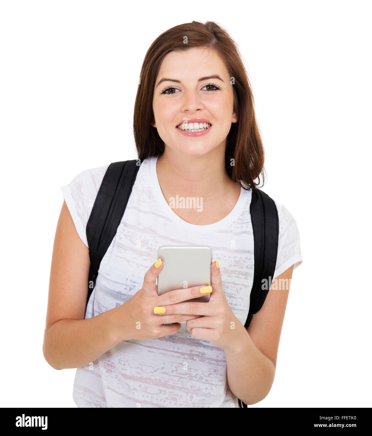 portrait of young college student with smart phone isolated on white Stock Photo