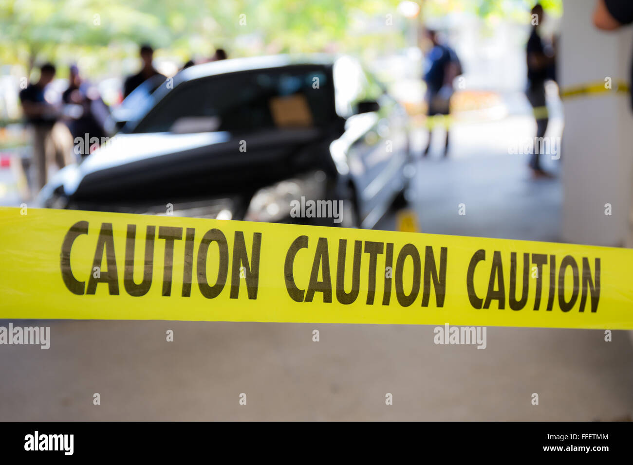 caution tape protect area of crime scene investigation with forensic