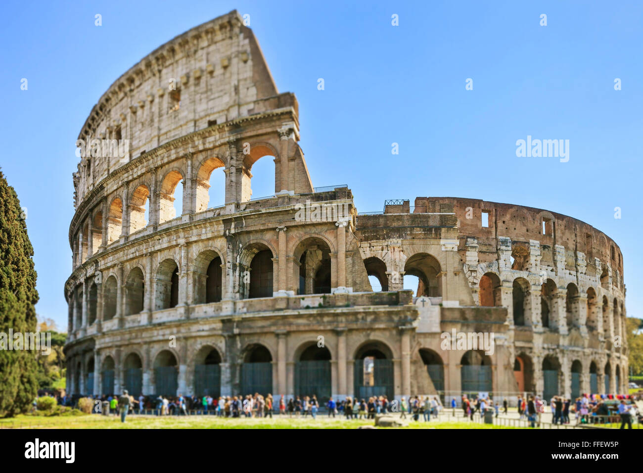 Roman Colosseum architecture landmark in a tilt shift photography. Rome, Italy Stock Photo