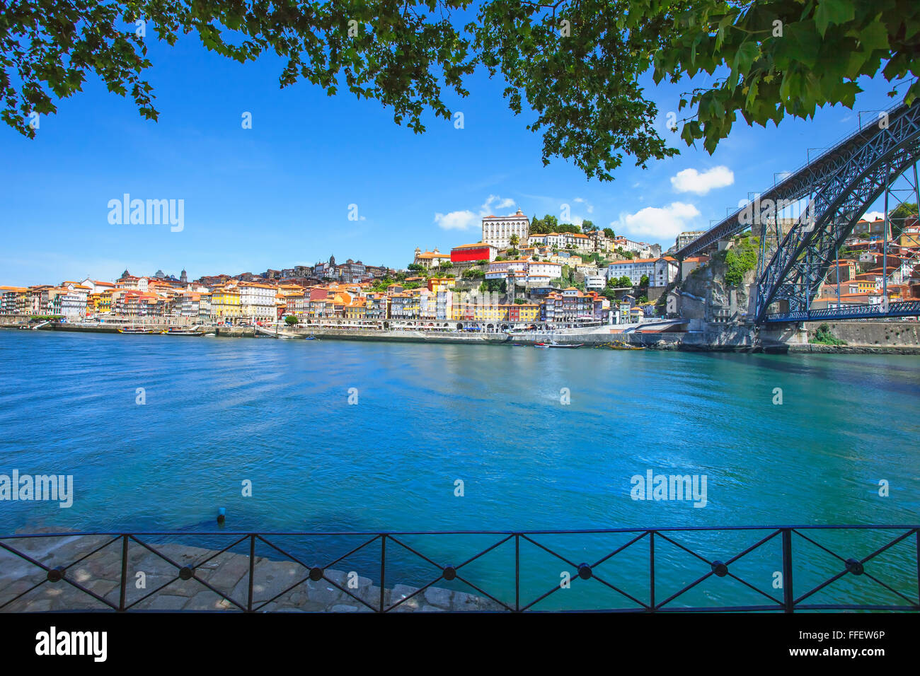 Oporto or Porto city skyline, Douro river and Dom Luis or Luiz iron bridge. Portugal, Europe. Stock Photo