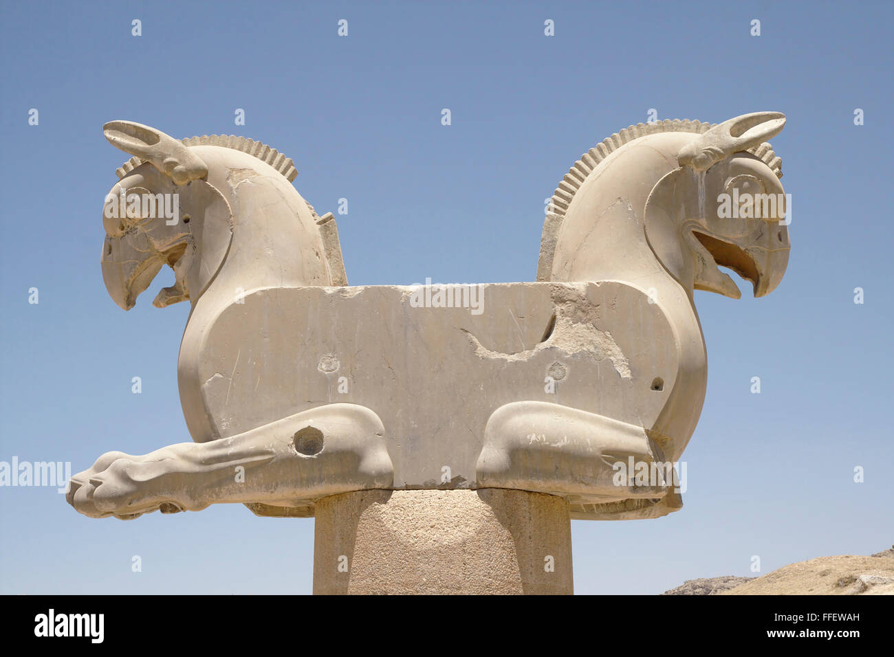 Two headed griffin, capital on the Gate of all Nations Persepolis, Iran Stock Photo