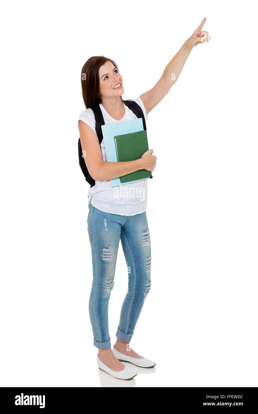 pretty college student pointing empty space Stock Photo