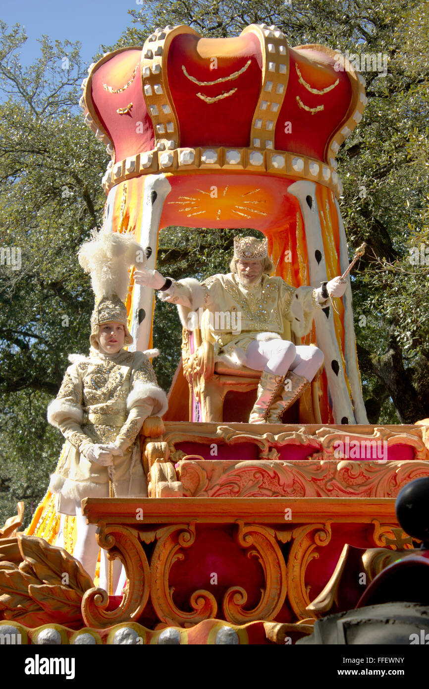 King of Rex on his float in the Rex Parade, Mardi Gras day, New Orleans. Stock Photo