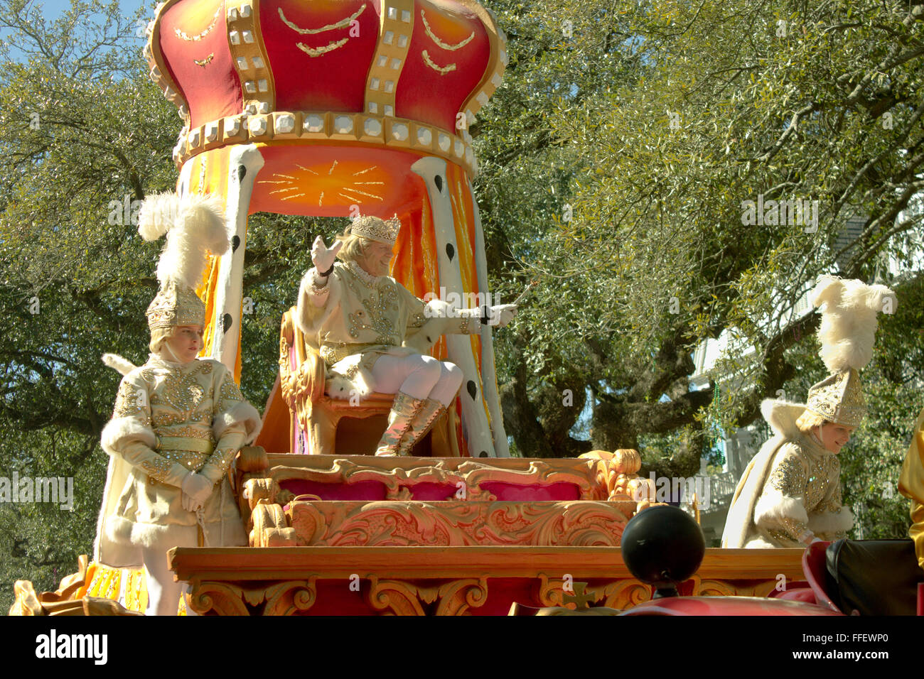 King of Rex on his float in the Rex Parade, Mardi Gras day, New Orleans. Stock Photo