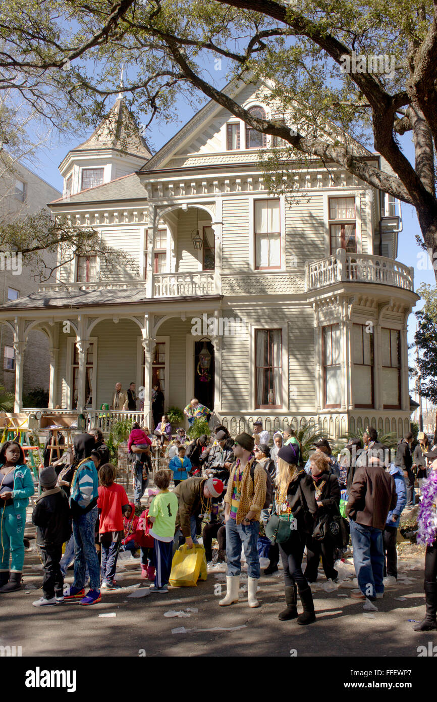 A crowd waiting for the start of the Rex parade on Mardi Gras day, New Orleans, LA. Stock Photo