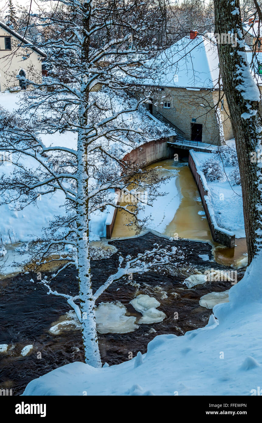 frozen hydro power plant Keila-Joa, Estonia at cold winter Stock Photo ...