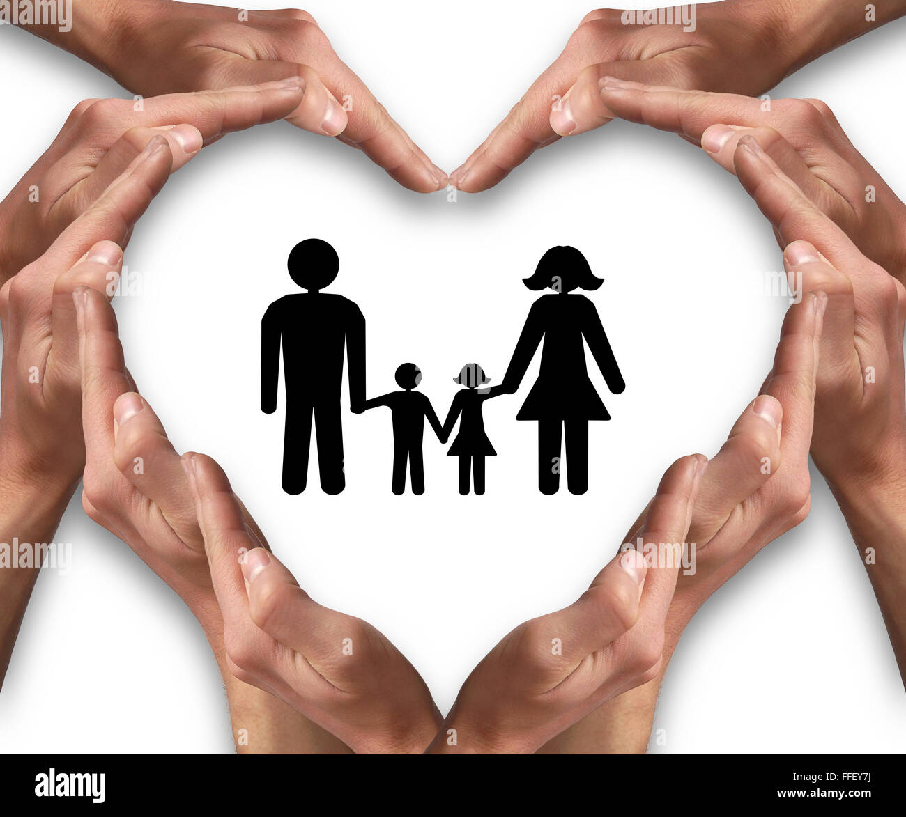 Hands arranged in a heart shape isolated on white background with a family illustration in the middle. Insurance, protection, lo Stock Photo