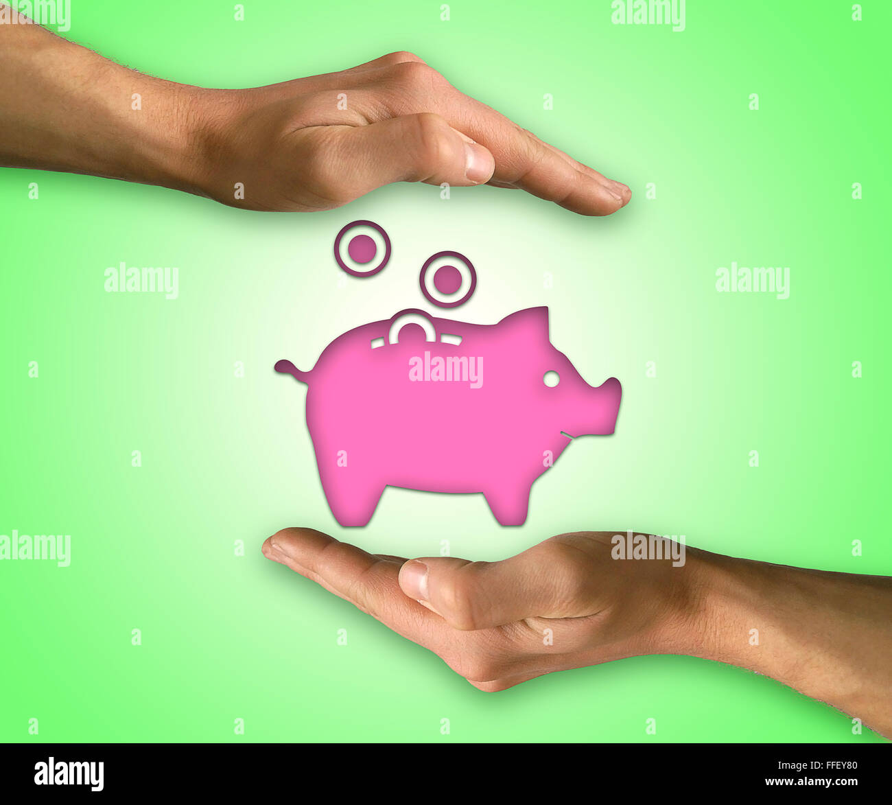 Two hands protecting piggy bank icon. Saving protect concept Stock Photo