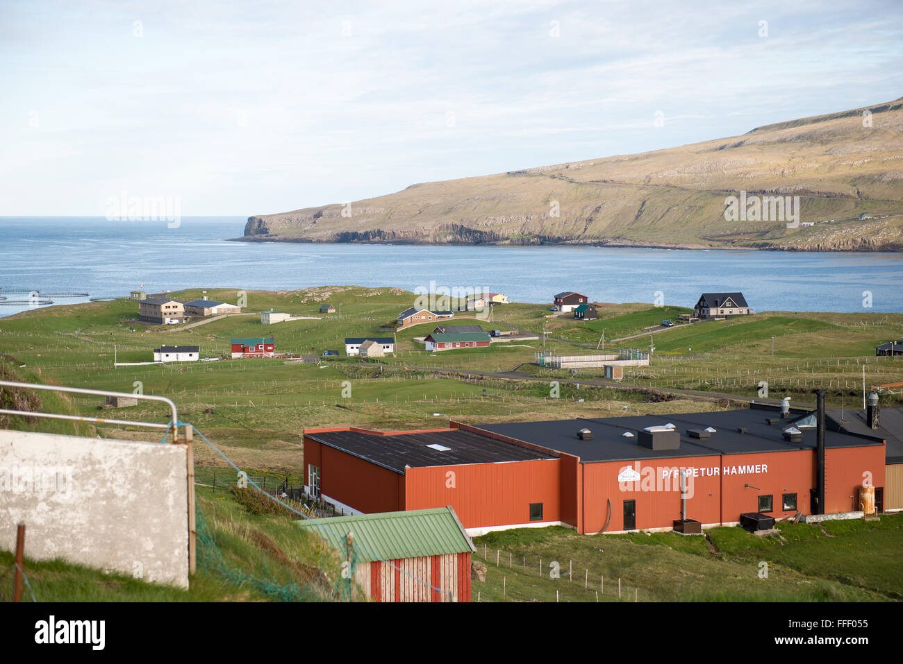Typical landscape on the Faroe Islands, with green grass, rocks and ...