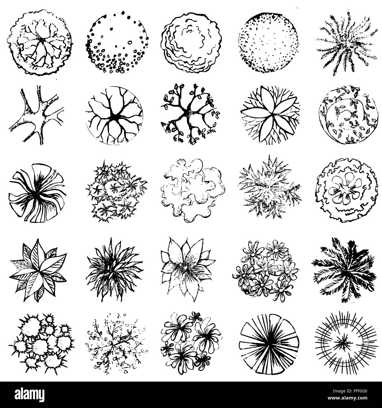 A set of treetop symbols, for architectural or landscape design  black and white Stock Vector