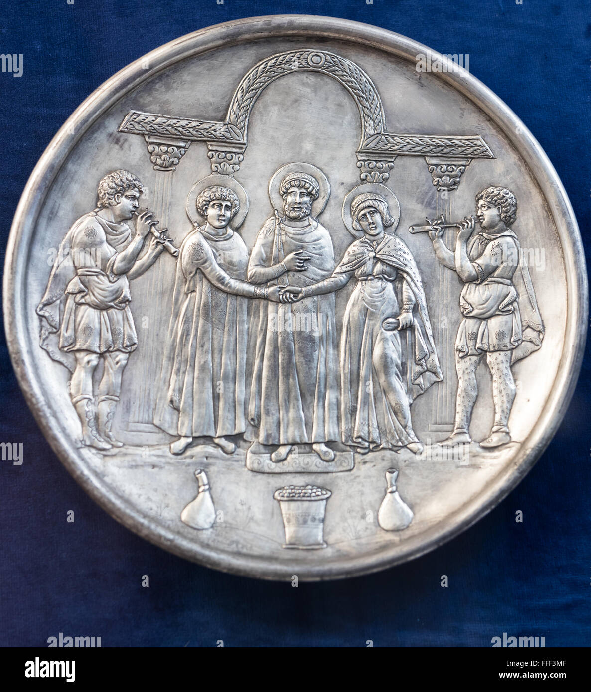 Silver dish with wedding scene, Archaeological Museum, Nicosia, Cyprus Stock Photo