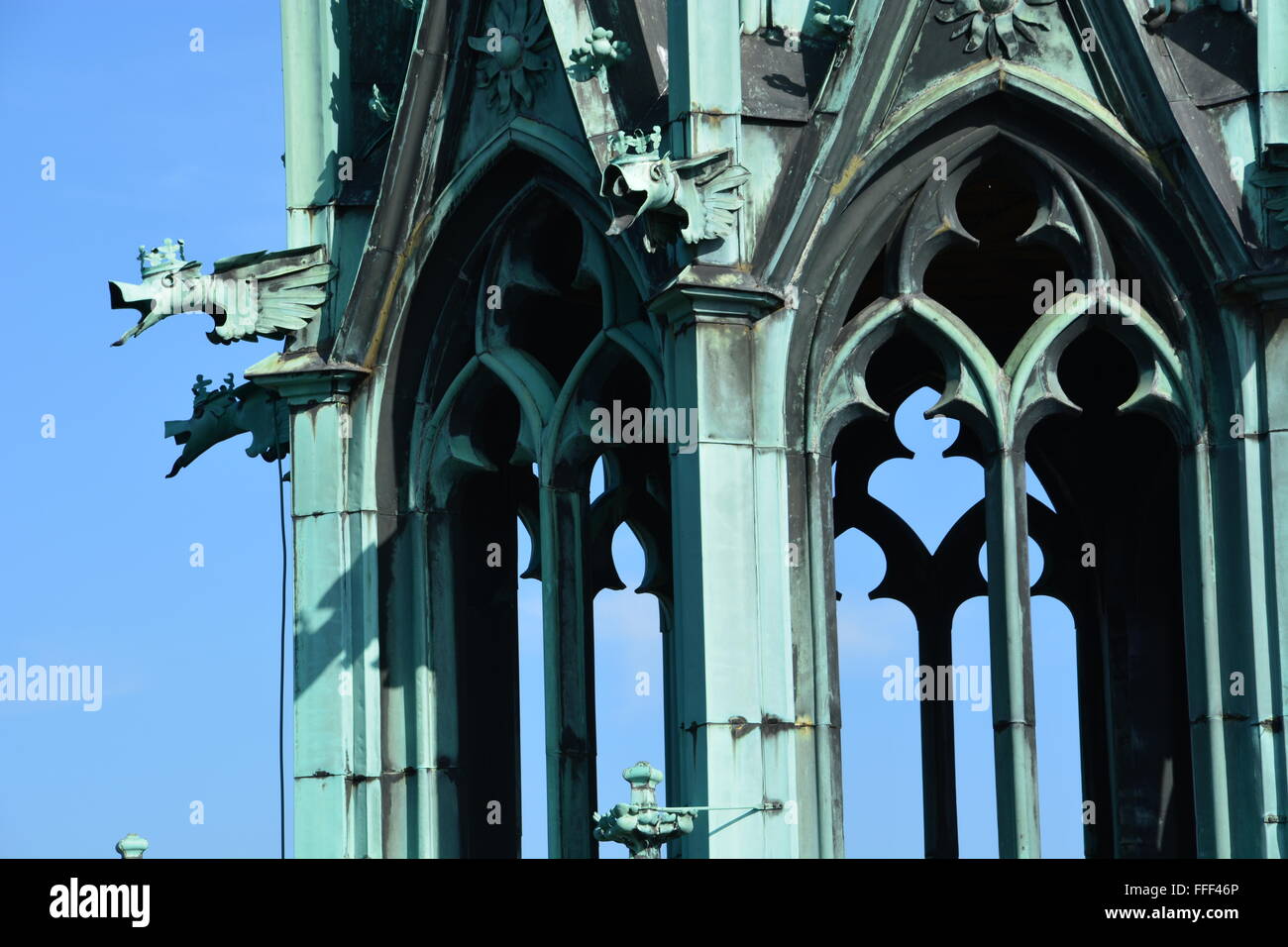 Close up of water spouts on St. Vitus Cathedral at Prague Castle. Stock Photo