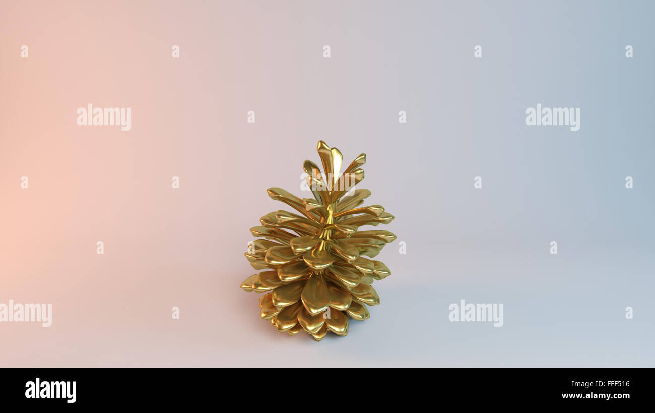 Golden 3D object (Pine) inside a white reflected stage with high renders quality Stock Photo