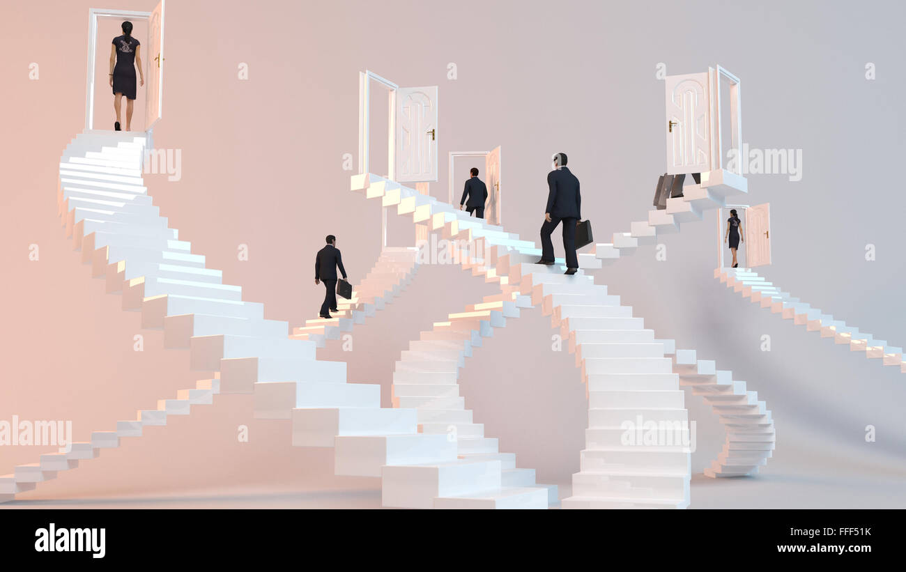 corporate 3D ladder with business men climbing to the top Stock Photo