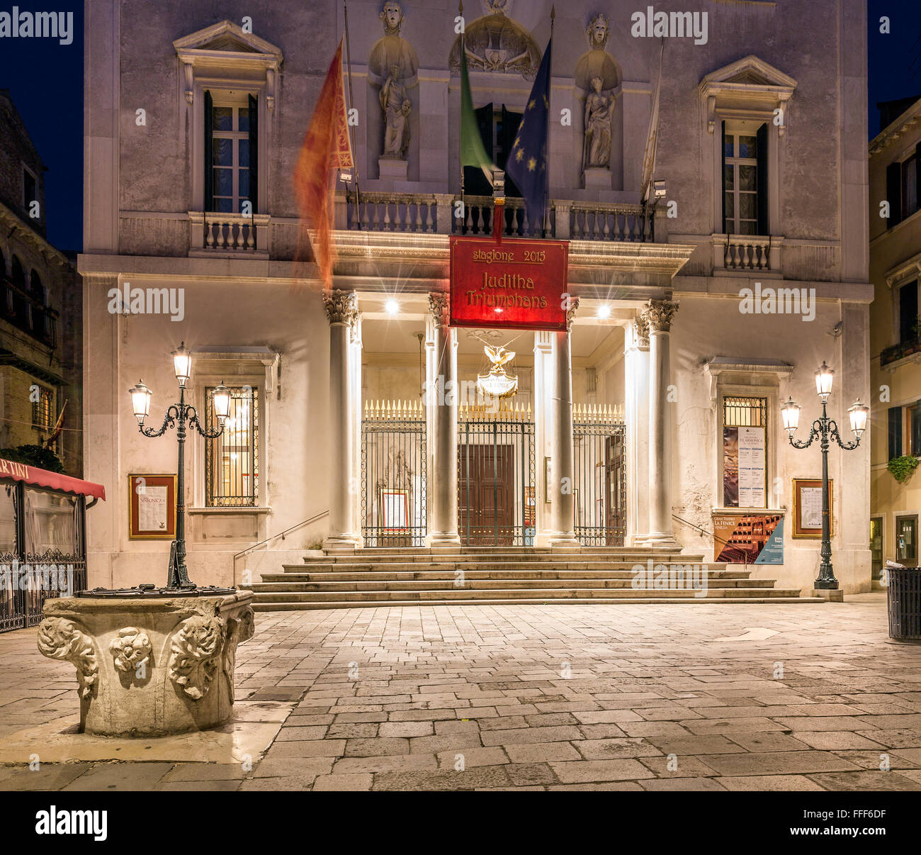 VENICE, ITALY - MAY 29, 2015: Illuminated La Fenice theater at night in Venice, Italy Stock Photo