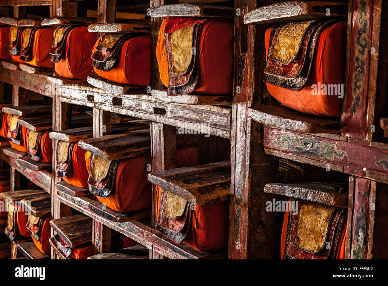 Manuscripts folios in Tibetan Buddhist monastery Stock Photo