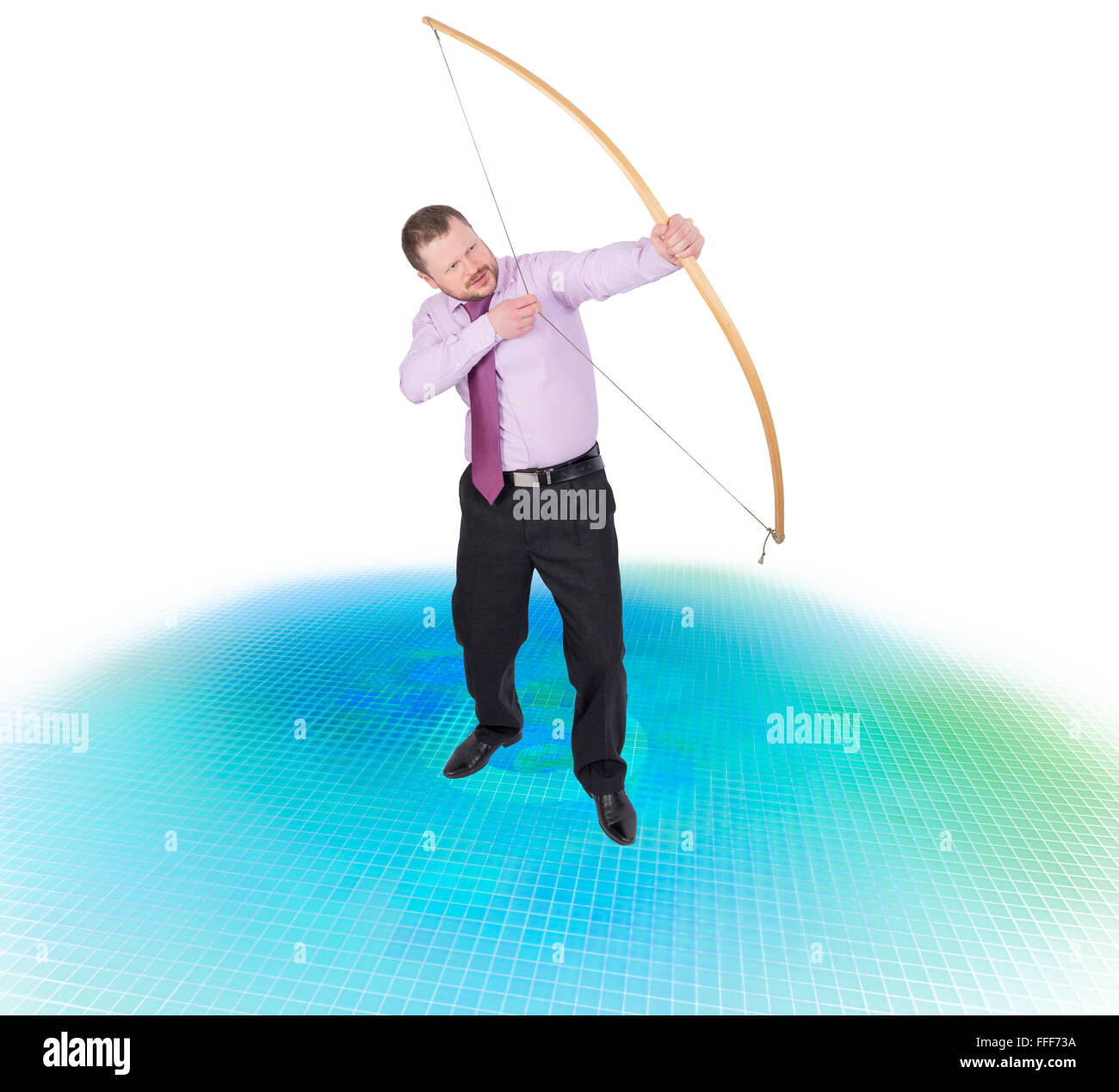 Businessman practicing archery on techno digital background Stock Photo