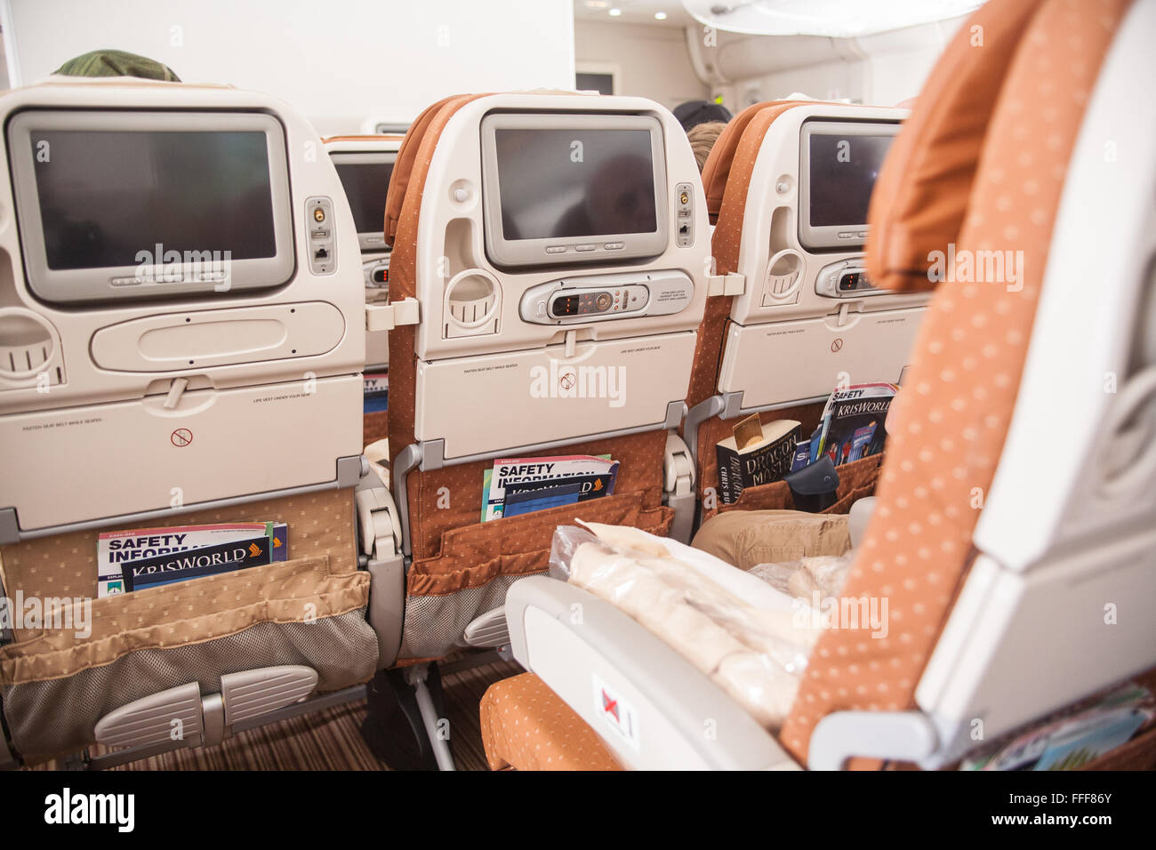 Cabin of A380 double decker Singapore Airlines Airbus at Changi Airport,Singapore leaving for London. Stock Photo