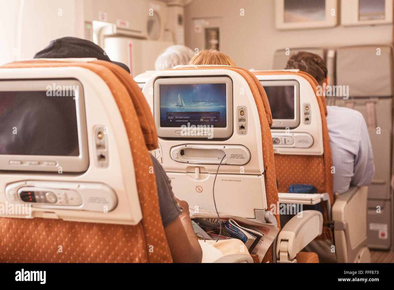 Cabin of A380 double decker Singapore Airlines Airbus at Changi Airport,Singapore leaving for London. Stock Photo