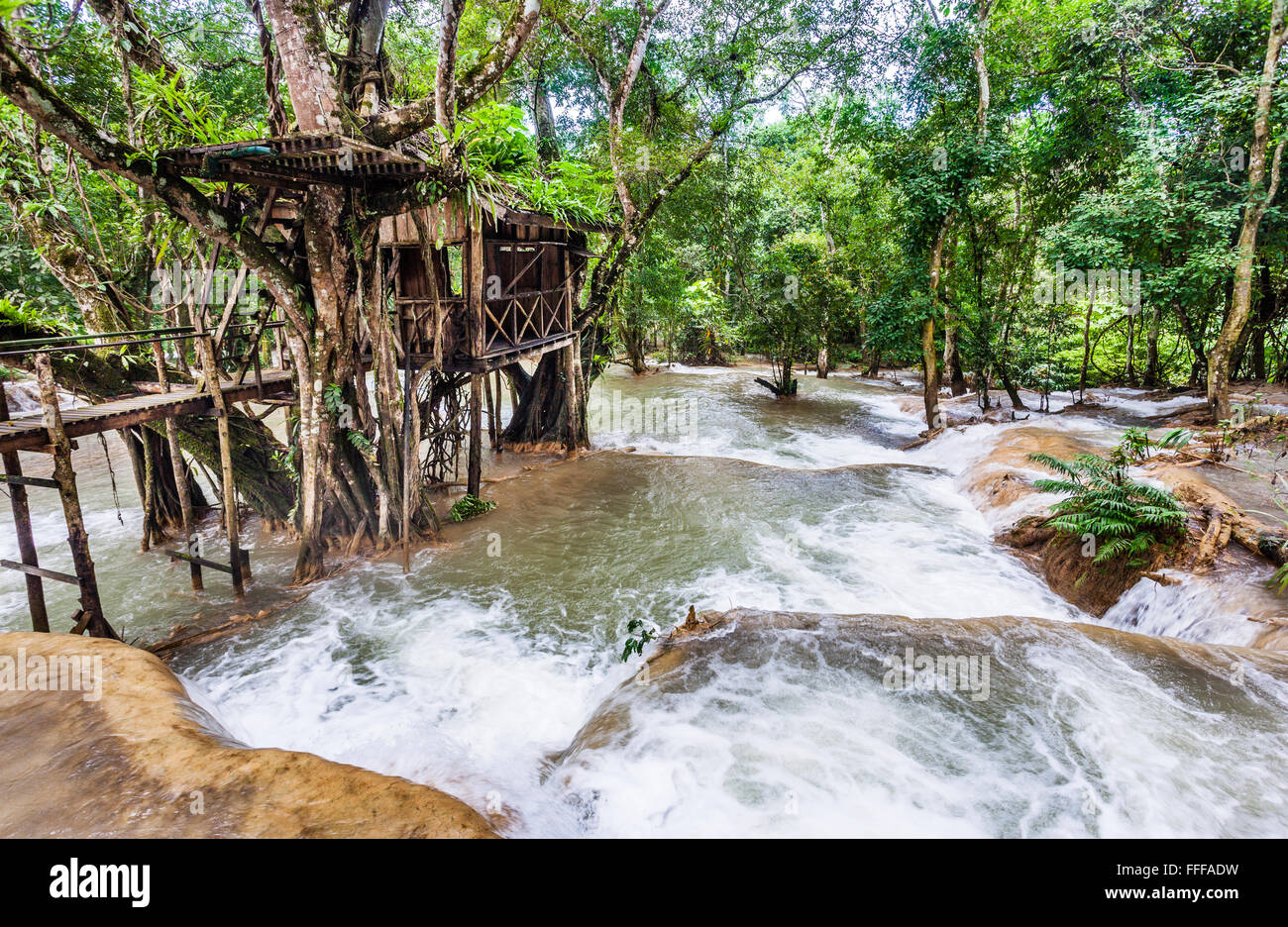 Lao People's Democratic Republic, Luang Prabang Province, Tat Sae Waterfalls cascading over limestone formations Stock Photo