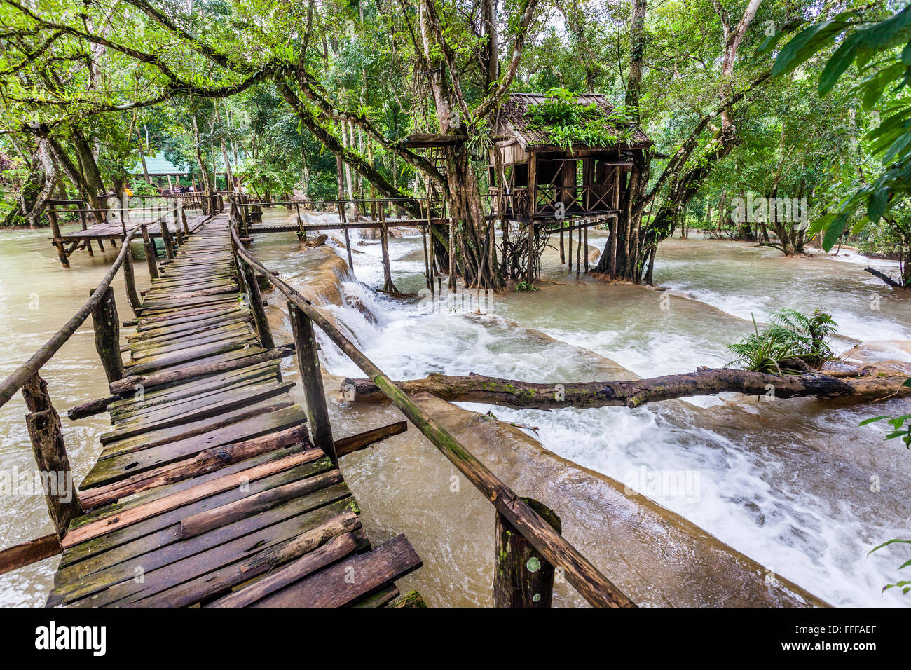 Lao People's Democratic Republic, Luang Prabang Province, Tat Sae Waterfalls cascading over limestone formations Stock Photo