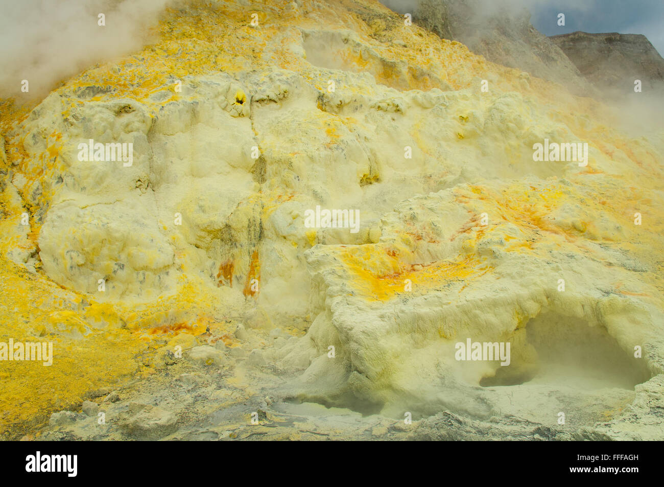 Sulphur Deposits, White Island Volcano, Bay of Plenty, New Zealand Stock Photo