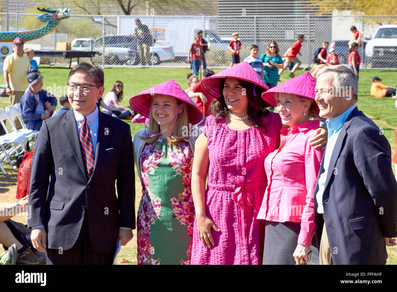 Phoenix, Arizona, USA. 12th February, 2016. Barry Wong, Kate Gallegos,  Laura Pastor, Judy Schumacher, and Jerry Lewis pose for a group photo after  the opening ceremonies for Phoenix Chinese Week. The event
