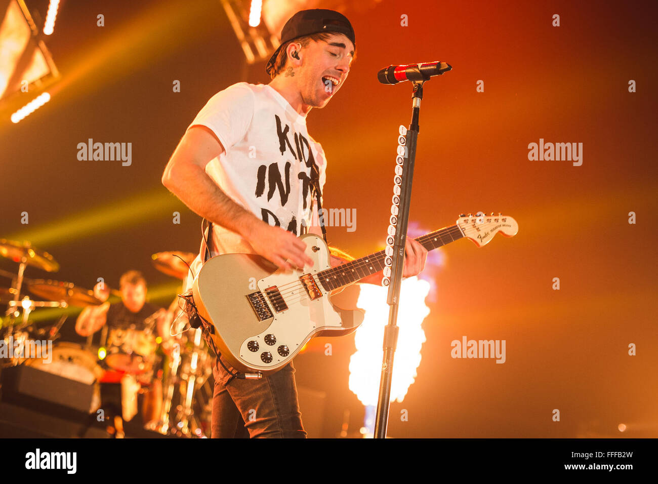 Manchester, UK. 12th Feb, 2016. All Time Low perform at the Manchester Arena on their 'Back To The Future Hearts' UK Tour, 2016 Credit:  Myles Wright/ZUMA Wire/Alamy Live News Stock Photo