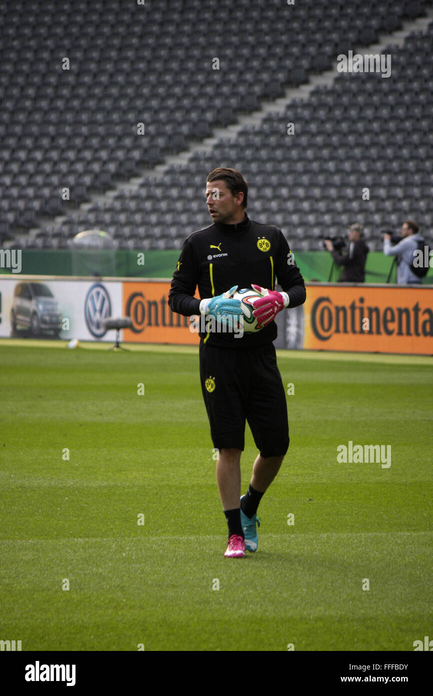 Borussia Dortmund's Roman Weidenfeller takes out teammate with clearance against Bayern Munich