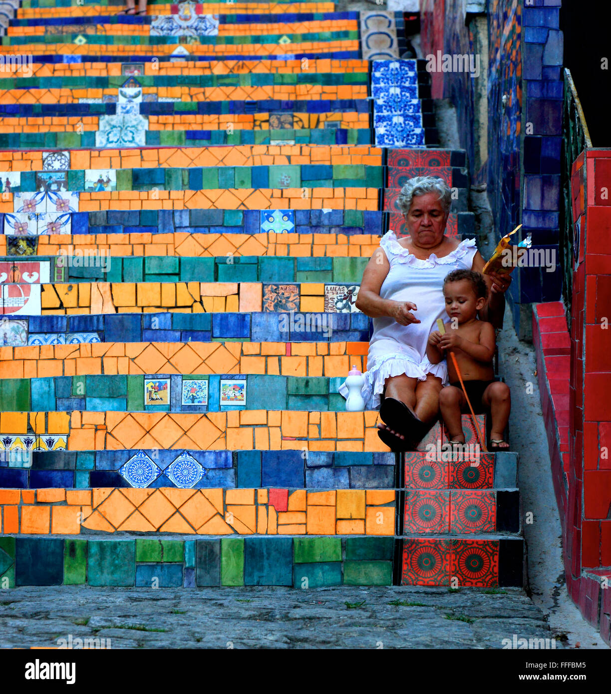 Esaderia do Selaron, tiles stairs from Santa Teresa to district of Lapa by artist Jorge Selaron, Rio de Janeiro, Brazil Stock Photo